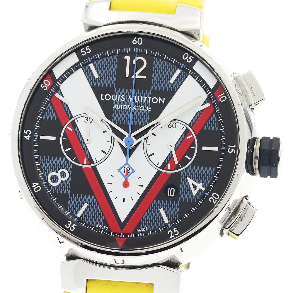 LOUIS VUITTON TAMBOUR DAMIER COBALT V AUTOMATIC WATCH: LOUIS VUITTON Tambour Damier Cobalt V Automatic Watch Brand: LOUIS VUITTON Type/Style: Wristwatch Material: Band Material rubber, Case Material Stainless Steel Color: Band Color yellow, Case Color Sil