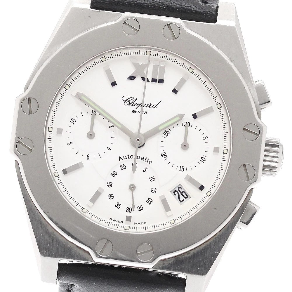 CHOPARD ST MORITZ DATE WHITE DIAL AUTOMATIC WATCH: Chopard St Moritz Date white Dial Automatic Watch Brand: Chopard Type/Style: Wristwatch Material: Band Material leather, Case Material Stainless Steel Color: Band Color black, Case Color Silver, Dial