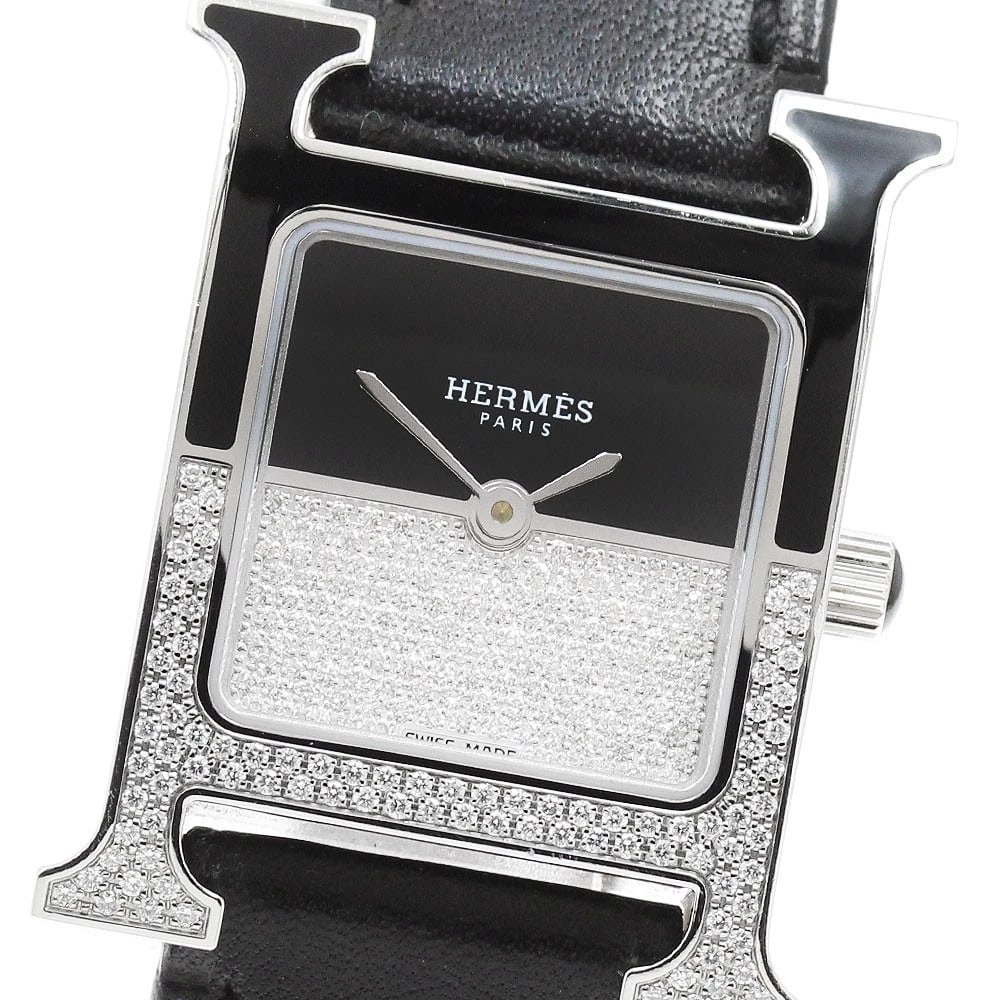 HERMES H WATCH DE BOURJOU BLACK/DIAMOND DIAL QUARTZ WATCH: HERMES H Watch de Bourjou Black/Diamond Dial Quartz Watch Brand: HERMES Type/Style: Wristwatch Material: Band Material leather, Case Material Stainless Steel Color: Band Color black, Case Color Silver