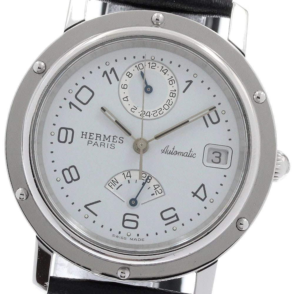 HERMES CLIPPER POWER RESERVE GMT WHITE DIAL AUTOMATIC WATCH: HERMES Clipper Power reserve GMT white Dial Automatic Watch Brand: HERMES Type/Style: Wristwatch Material: Band Material leather, Case Material Stainless Steel Color: Band Color black, Case Color