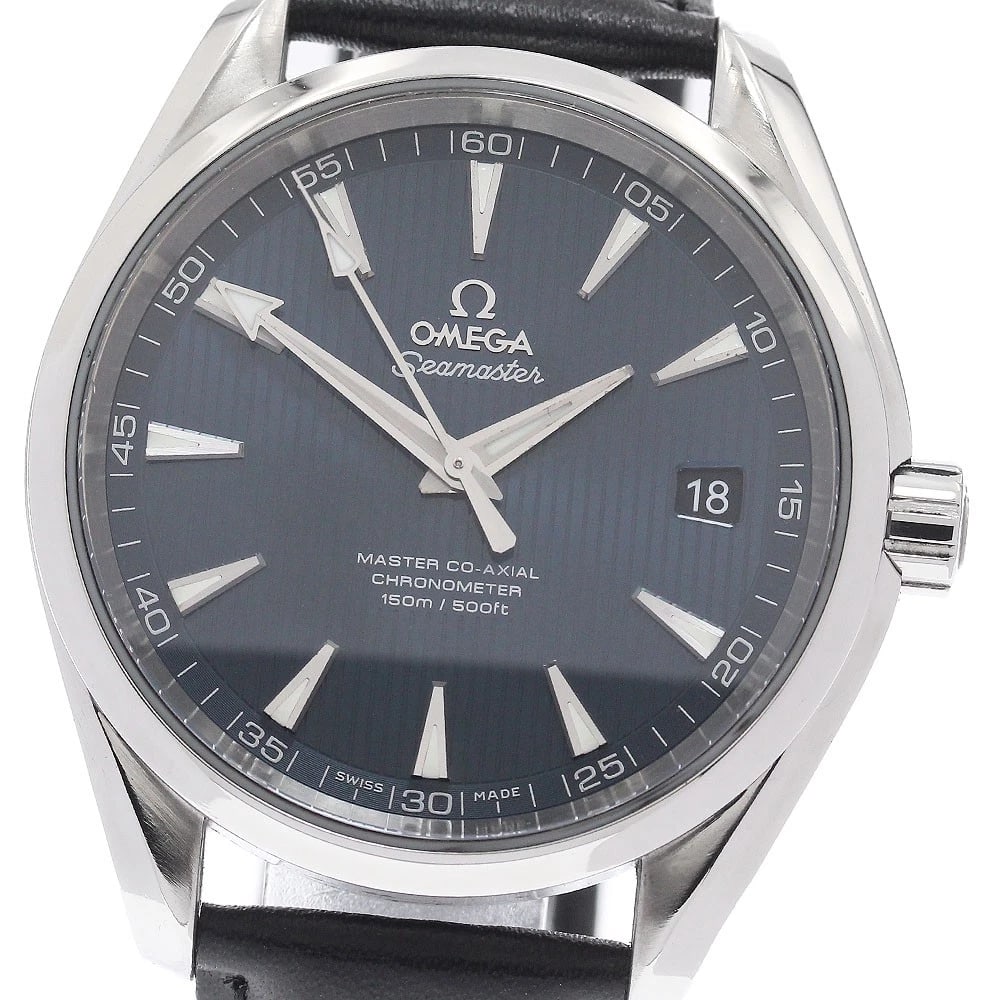OMEGA SEAMASTER AQUA TERRA MASTER CO-AXIAL WATCH: OMEGA Seamaster Aqua Terra Master Co-Axial Watch Brand: OMEGA Type/Style: Wristwatch Material: Band Material leather, Case Material Stainless Steel Color: Band Color black, Case Color Silver, Dial