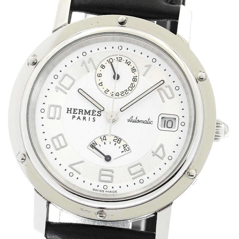 HERMES CLIPPER DATE WHITE / SILVER DIAL AUTOMATIC WATCH: HERMES Clipper Date White / Silver Dial Automatic Watch Brand: HERMES Type/Style: Wristwatch Material: Band Material leather, Case Material Stainless Steel Color: Band Color black, Case Color Silver, 