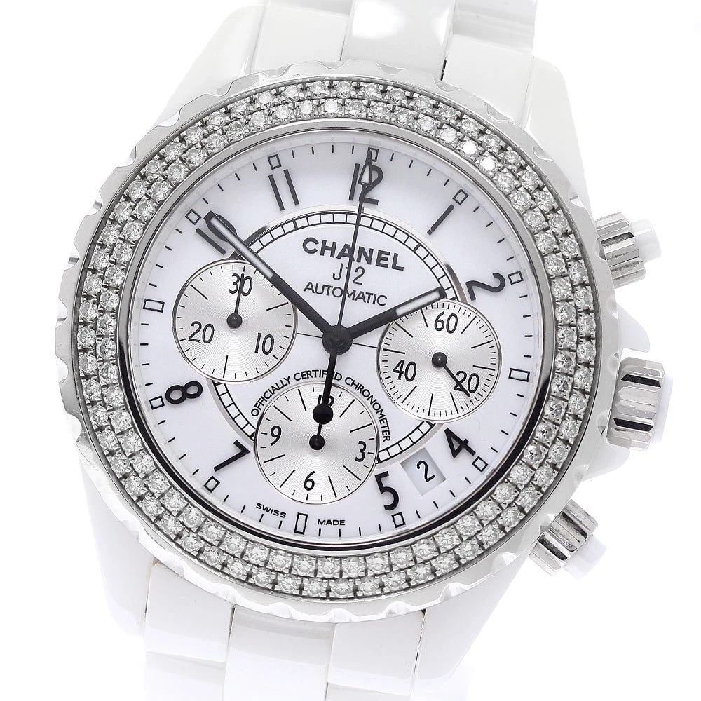 CHANEL J12 CHRONOGRAPH DIAMOND BEZEL WHITE DIAL AUTOMATIC WATCH: CHANEL J12 chronograph diamond bezel white Dial Automatic Watch Brand: CHANEL Type/Style: Wristwatch Material: Band Material Stainless Steel / ceramic, Case Material Stainless Steel / ceramic Color: