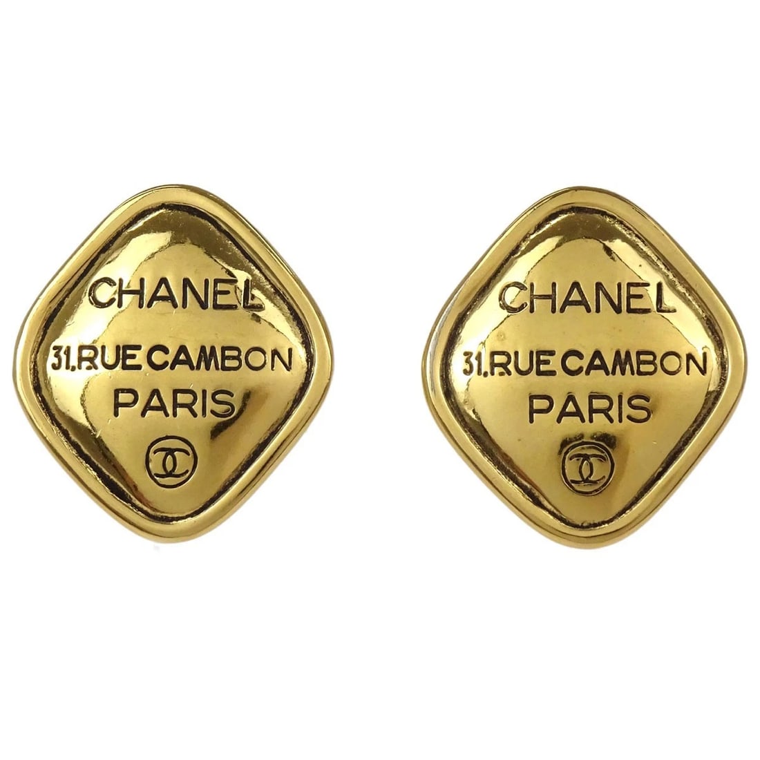 CHANEL RHOMBUS CLIP-ON EARRINGS GOLD: Chanel Rhombus Clip-On Earrings Gold Brand: CHANEL Type/Style: Earrings Material: Gold Plated Color: Gold Size: W 3.3 x H 3.7 cm Accessories: None Accessories Notice: When purchasing pre-o