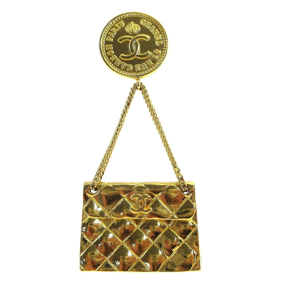 CHANEL BAG BROOCH GOLD: Chanel Bag Brooch Gold Brand: CHANEL Type/Style: Brooch Material: Gold Plated Color: Gold Size: W 3.5 x H 7.8 cm Accessories: None Accessories Notice: When purchasing pre-owned goods, please refer to