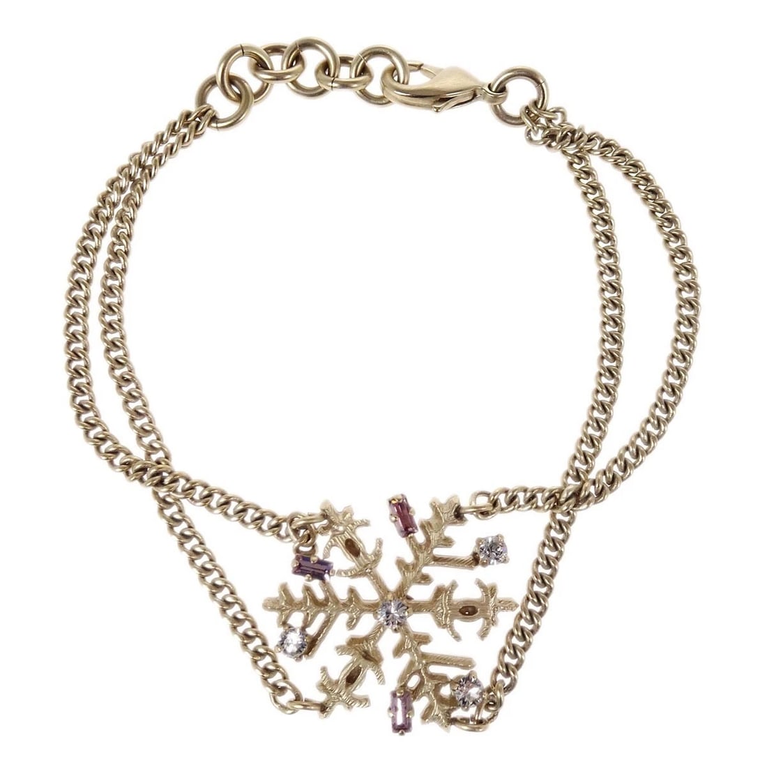 CHANEL CHAIN BRACELET GOLD RHINESTONE: Chanel Chain Bracelet Gold Rhinestone Brand: CHANEL Type/Style: Bracelet Material: Gold Plated Main Stone Rhinestone Color: Gold Size: Inner circumference : 20.5 cm, Charm : W 2.7 x H 2.4 cm