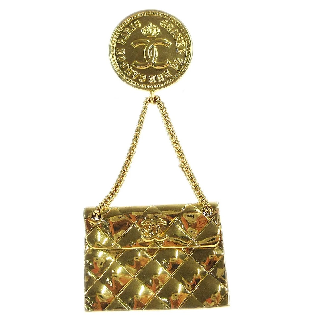 CHANEL BAG BROOCH PIN GOLD: Chanel Bag Brooch Pin Gold Brand: CHANEL Type/Style: Brooch Material: Gold Plated Color: Gold Size: W 3.5 x H 7.8 cm Accessories: None Accessories Notice: When purchasing pre-owned goods,