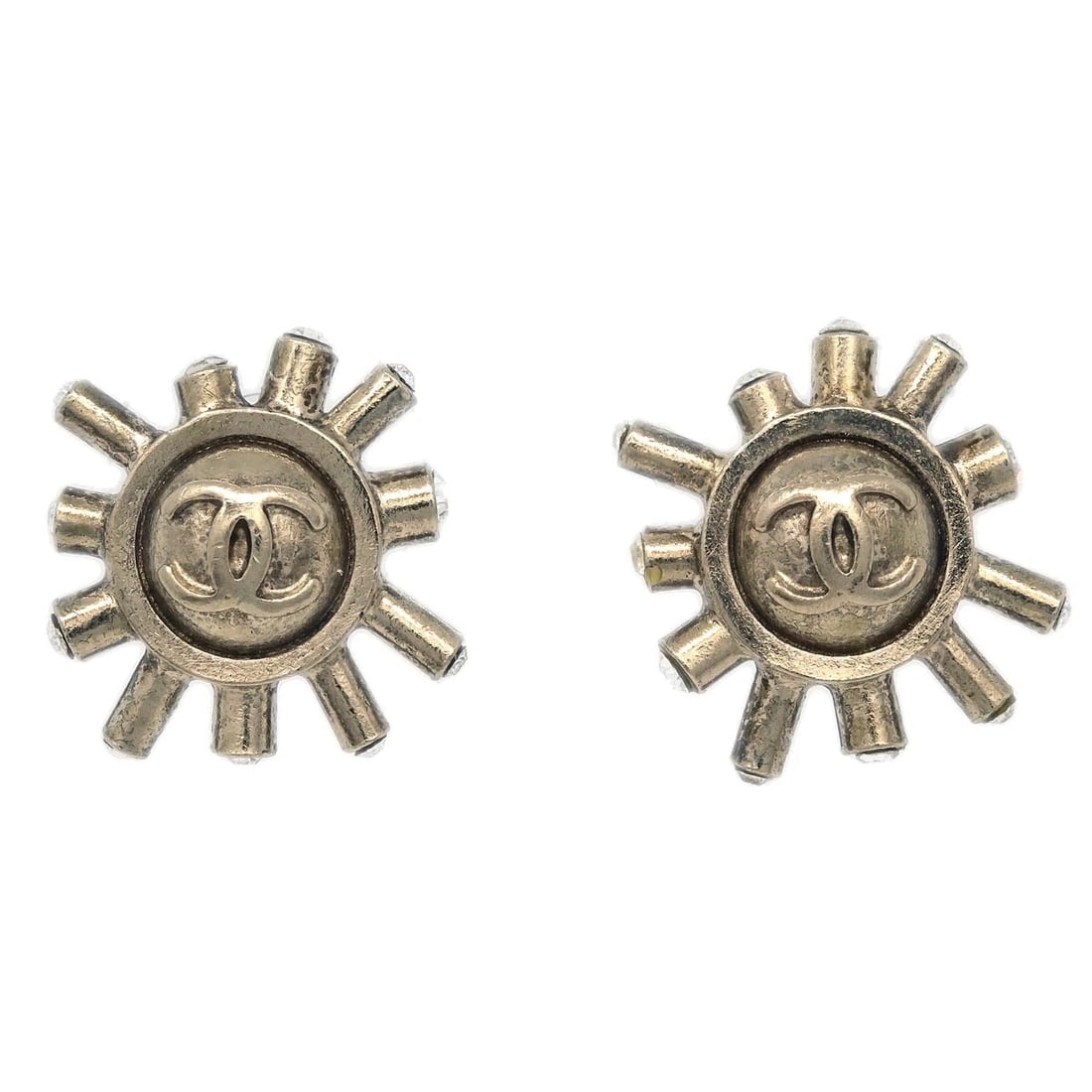 CHANEL PIERCED EARRINGS GOLD RHINESTONE: Chanel Pierced Earrings Gold Rhinestone Brand: CHANEL Type/Style: Earrings Material: Gold Plated Main Stone Rhinestone Color: Gold Size: Diameter : 1.5 cm Accessories: None Accessories Not