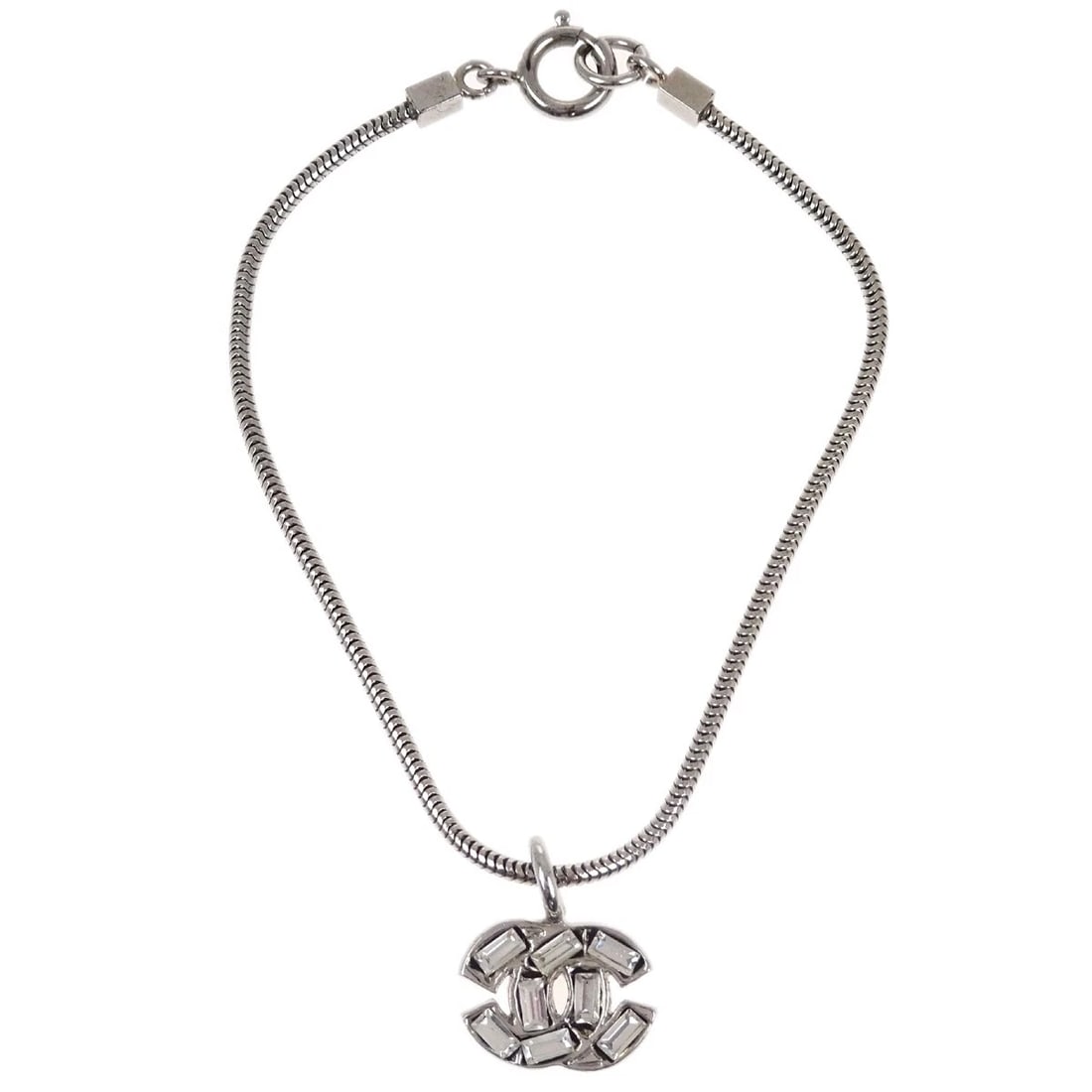 CHANEL SILVER CHAIN BRACELET RHINESTONE: Chanel Silver Chain Bracelet Rhinestone Brand: CHANEL Type/Style: Bracelet Material: Silver Plated Main Stone Rhinestone Color: Silver Size: Inner circumference : 19.0 cm, Charm(CC) : W 1.5 x H 1.0 cm