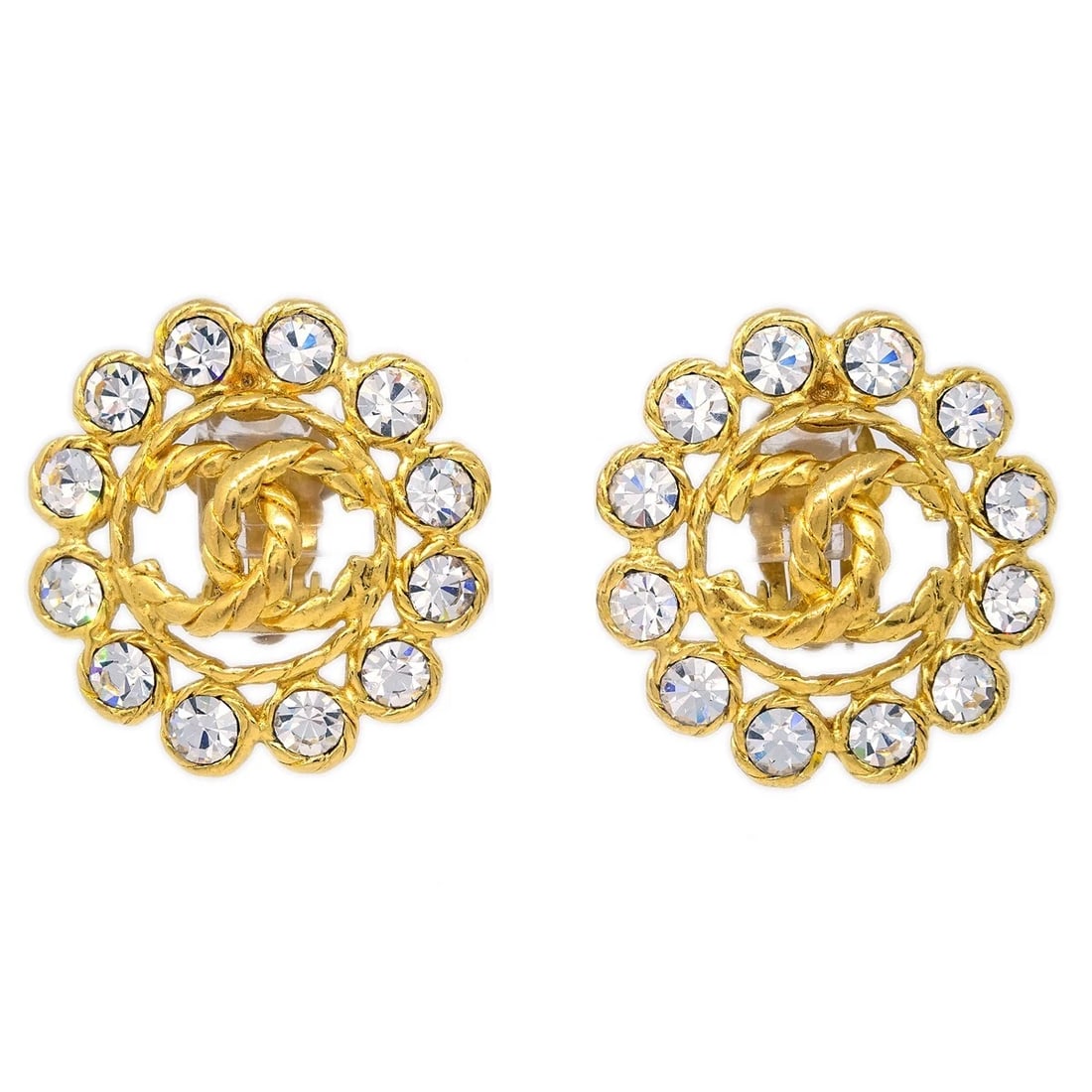 CHANEL GOLD BUTTON EARRINGS CLIP-ON RHINESTONE: Chanel Gold Button Earrings Clip-On Rhinestone Brand: CHANEL Type/Style: Earrings Material: Gold Plated Main Stone Rhinestone Color: Gold Size: Diameter: 3.3 cm Accessories: None Accessories Notice:
