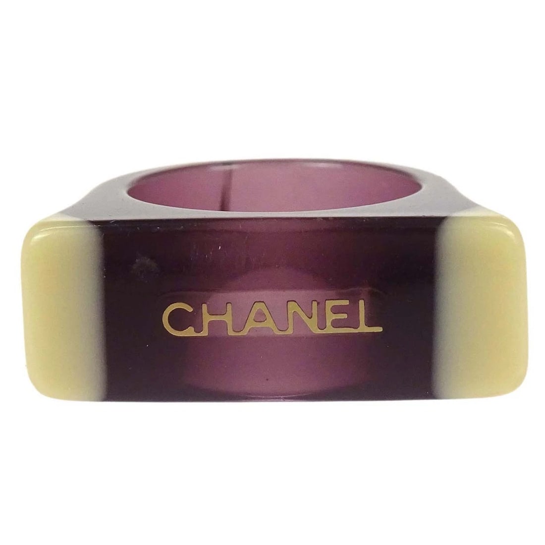 CHANEL RING PURPLE ACRYLIC: Chanel Ring Purple Acrylic Brand: Chanel Type/Style: Ring Material: Acrylic Color: Black Size: 6.25 - 6.5 US Accessories: None Accessories Notice: When purchasing pre-owned goods, please refer to the