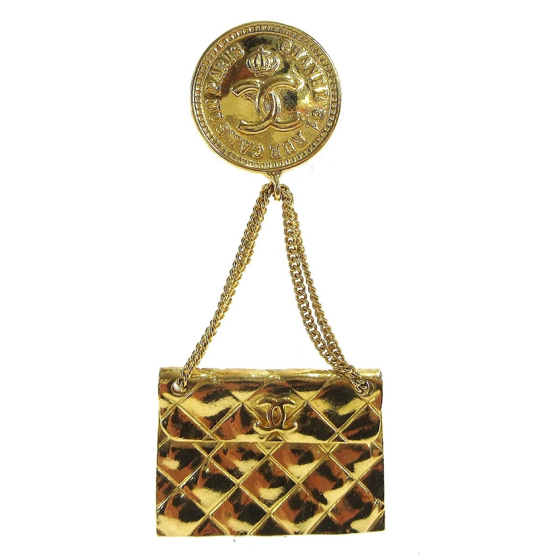 CHANEL BAG BROOCH PIN GOLD: Chanel Bag Brooch Pin Gold Brand: CHANEL Type/Style: Brooch Material: Gold Plated Color: Gold Size: W 3.5 x H 7.6 cm Accessories: None Accessories Notice: When purchasing pre-owned goods,