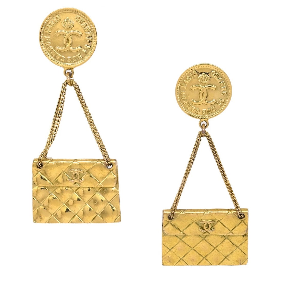 CHANEL BAG DANGLE EARRINGS CLIP-ON GOLD: Chanel Bag Dangle Earrings Clip-On Gold Brand: CHANEL Type/Style: Earrings Material: Gold Plated Color: Gold Size: W 3.4 x H 8.0 cm Accessories: None Accessories Notice: When purchasing pr