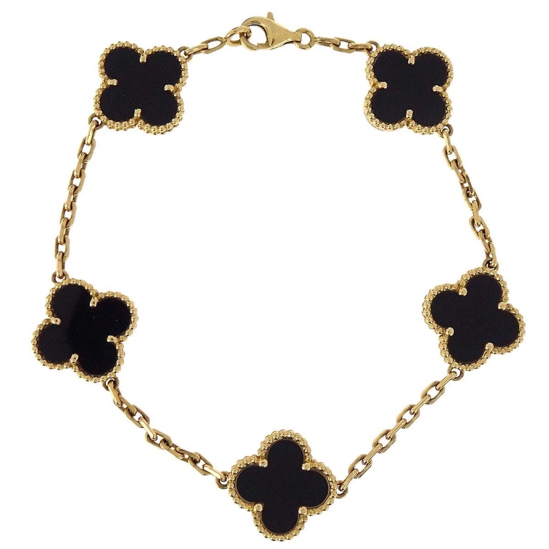 VAN CLEEF & ARPELS ALHAMBRA BRACELET ONYX GOLD AU750 JEWELRY: Van Cleef & Arpels Alhambra Bracelet Onyx Gold Au750 Jewelry Brand: Van Cleef & Arpels Type/Style: Bracelet Material: Au750 Main Stone Onyx Color: Gold Size: Inner circumference : 19.0 cm, Charm : W 1