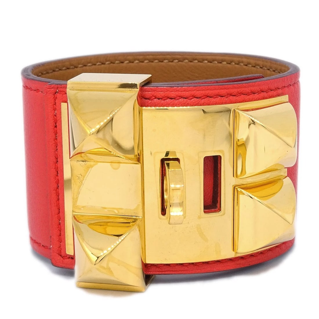 HERMES COLLIER DE CHIEN BANGLE RED: Hermes Collier De Chien Bangle Red Brand: Hermes Type/Style: Bracelet Material: Swift Leather Gold-plated Color: Red, Gold Size: Inner circumference : 16.0 - 19.0 cm, Width : 3.8 cm Accessories: None