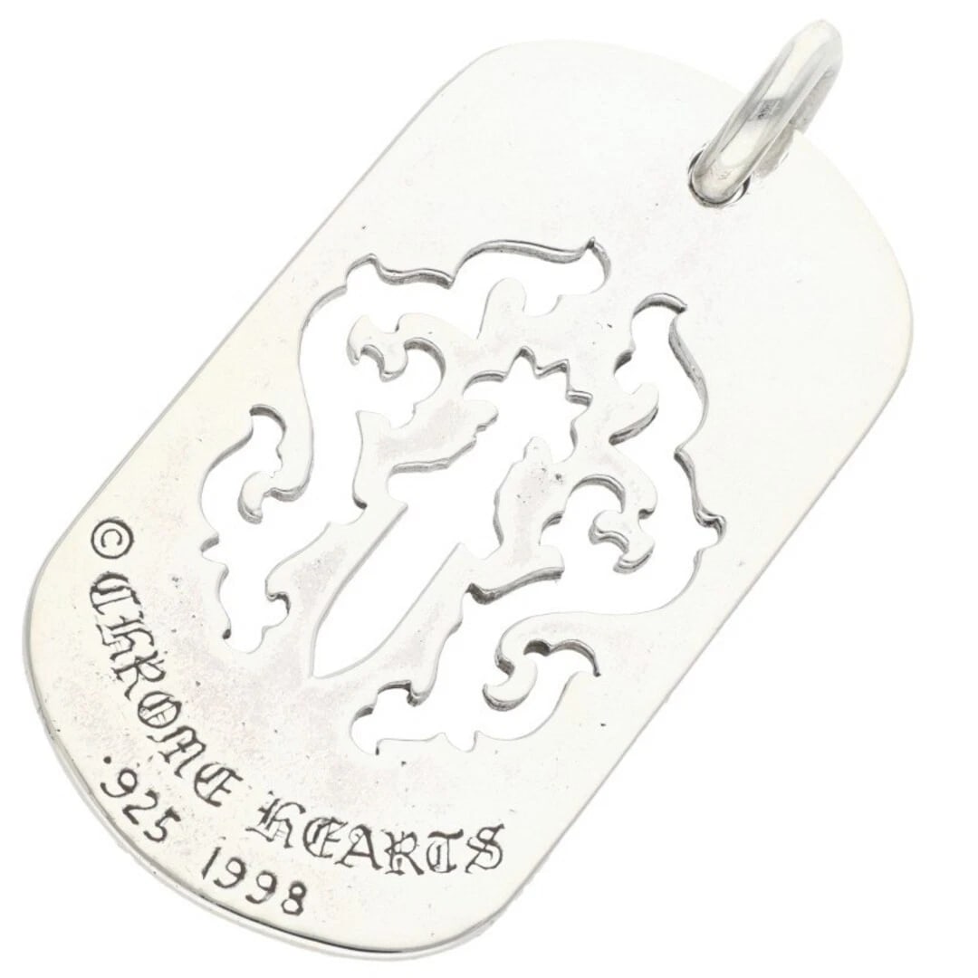 CHROME HEARTS DAGGER CUT OUT DOG LARGE NECKLACE: Chrome Hearts Dagger Cut Out Dog Large Necklace Brand: Chrome Hearts Type/Style: Necklace Material: Color: Silver Size: Width 2.8cm, Vertical 5.5cm Accessories: None Accessories Notice: When