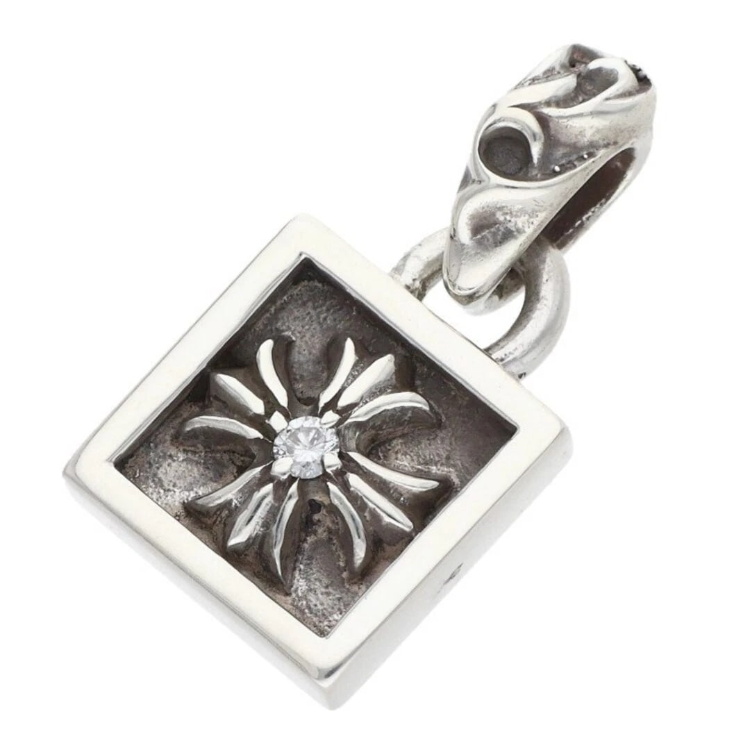 CHROME HEARTS FRAMED 1 DIAMOND CHARM SILVER NECKLACE: Chrome Hearts Framed 1 Diamond charm silver Necklace Brand: Chrome Hearts Type/Style: Necklace Material: 925 Silver Color: Silver, Clear Size: Width 1.2cm, vertical 2.4cm Accessories: None