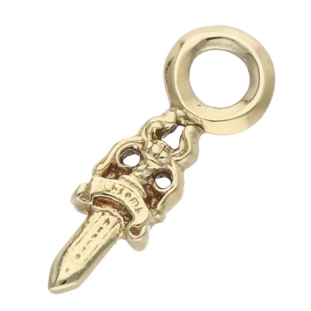CHROME HEARTS 22K STACK DAGGER CHARM GOLD NECKLACE: Chrome Hearts 22k Stack Dagger Charm Gold Necklace Brand: Chrome Hearts Type/Style: Necklace Material: 22K Gold Color: Yellow Size: Width 0.7cm, vertical 2.1cm Accessories: None Accessorie