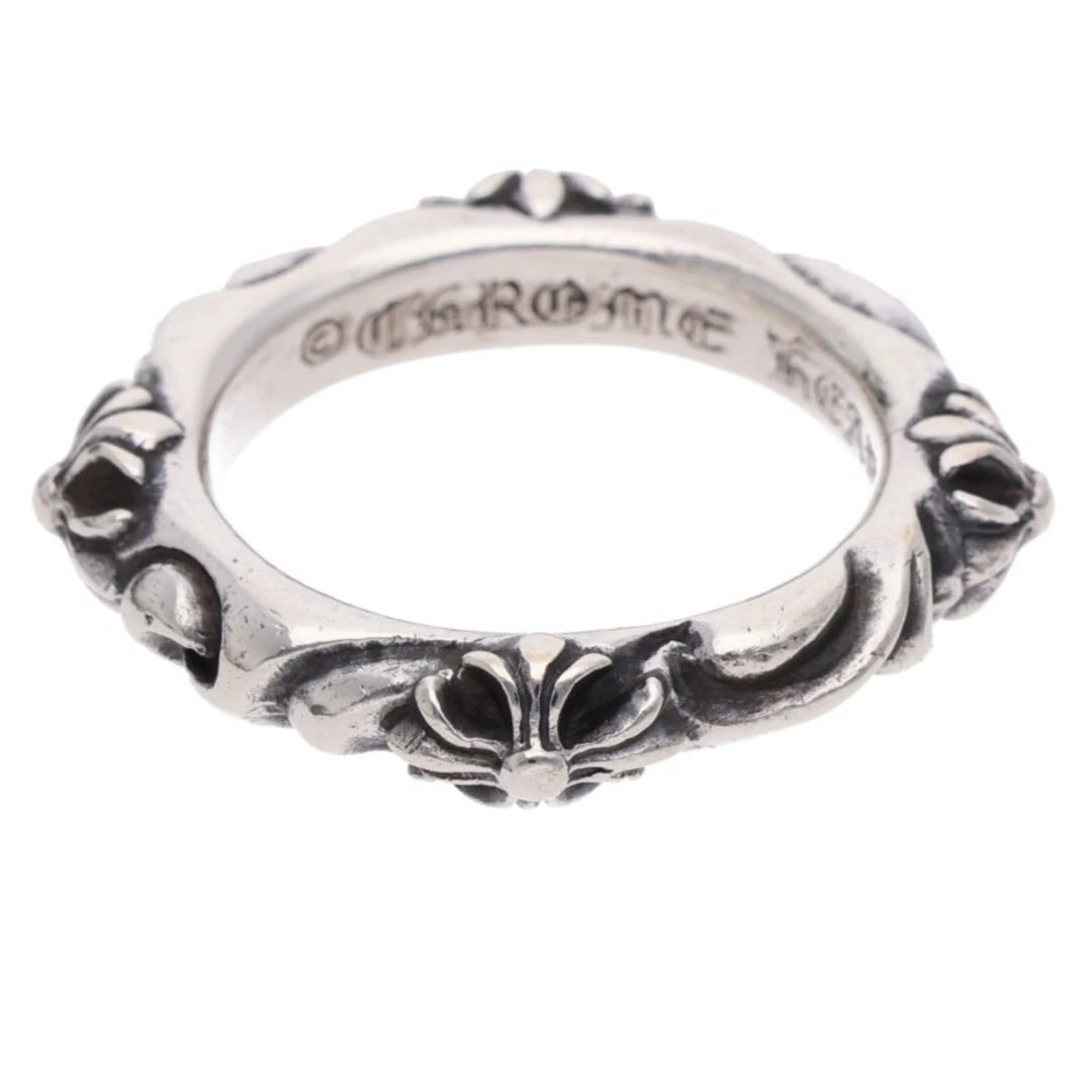 CHROME HEARTS BAND SILVER RING: Chrome Hearts BAND Silver Ring Brand: Chrome Hearts Type/Style: Ring Material: 925 Silver Color: Silver Size: 8.5 - 8.75 US Accessories: None Accessories Notice: When purchasing pre-owned
