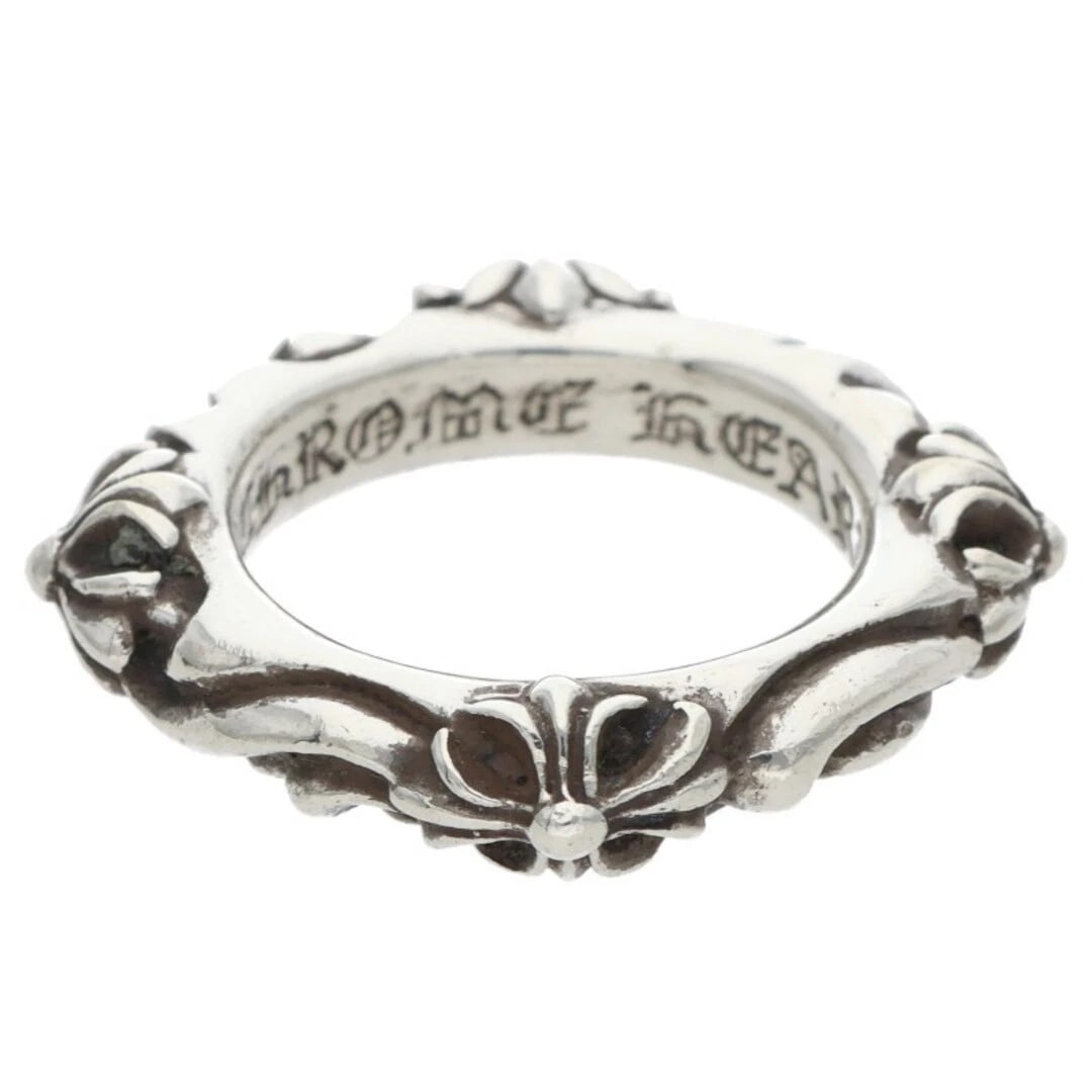 CHROME HEARTS BAND SILVER RING: CHROME HEARTS BAND Silver Ring Brand: Chrome Hearts Type/Style: Ring Material: 925 Silver Color: Silver Size: 5 - 5.25 US Accessories: None Accessories Notice: When purchasing pre-owned goods, please