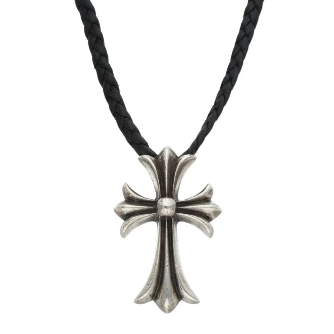 CHROME HEARTS SMALL CROSS BOLO TIP SILVER NECKLACE: Chrome Hearts small Cross Bolo Tip Silver Necklace Brand: Chrome Hearts Type/Style: Necklace Material: Color: Silver, Black Size: top width 2.7cm x vertical 4.2cm, string width 0.5cm, string length