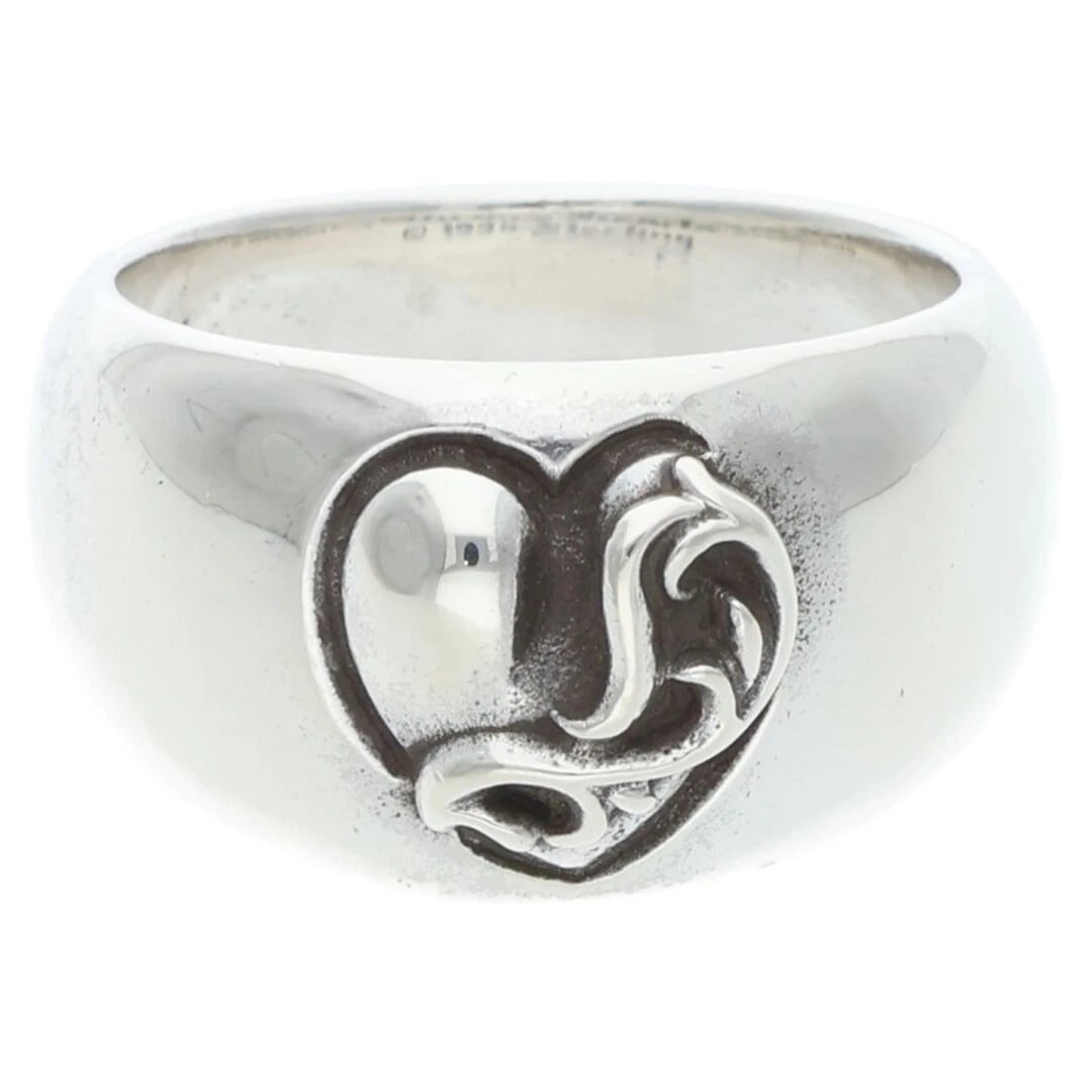 CHROME HEARTS HEART IN BAND SILVER RING: Chrome Hearts Heart in Band Silver Ring Brand: Chrome Hearts Type/Style: Ring Material: 925 Silver Color: Silver Size: 8.75 - 9 US Accessories: None Accessories Notice: When purchasing pre-owned