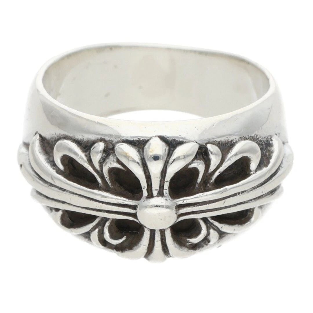 CHROME HEART FLORAL CROSS SILVER RING: Chrome Heart Floral Cross Silver Ring Brand: Chrome Hearts Type/Style: Ring Material: 925 Silver Color: Silver Size: 8.25 - 8.5 US Accessories: None Accessories Notice: When purchasing pre-owned