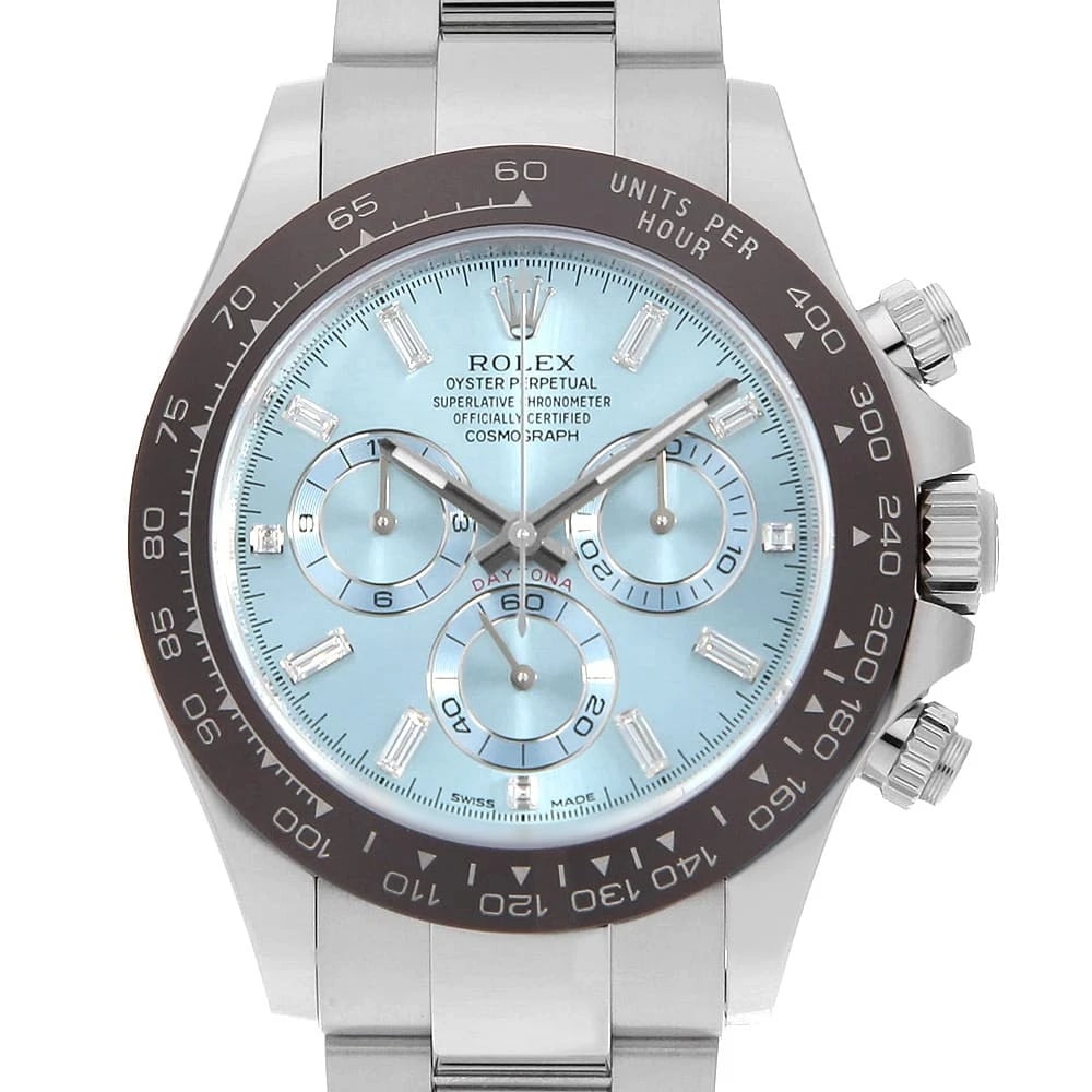ROLEX COSMOGRAPH DAYTONA BAGUETTE DIAMONDS WATCH: ROLEX Cosmograph Daytona Baguette Diamonds Watch Brand: ROLEX Type/Style: Wrist watch Material: Band Material Platinum, Case Material Platinum Color: Dial colour Ice Blue Size: Case:W40mm