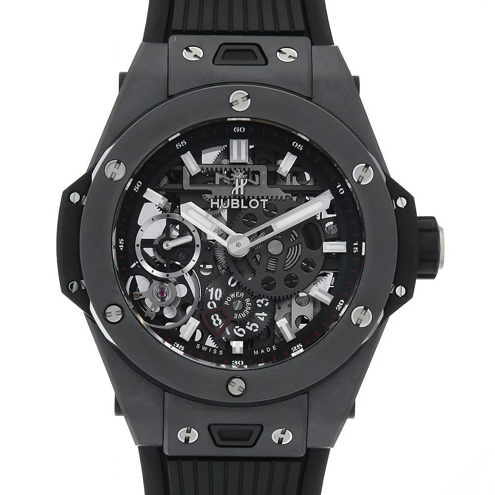 HUBLOT BIG BANG BLACK WATCH: HUBLOT big bang black Watch Brand: HUBLOT Type/Style: Wrist watch Material: Band Material rubber, Case Material Ceramic Color: Dial colour Skeleton Size: Case:W45mm Accessories: None Accessories