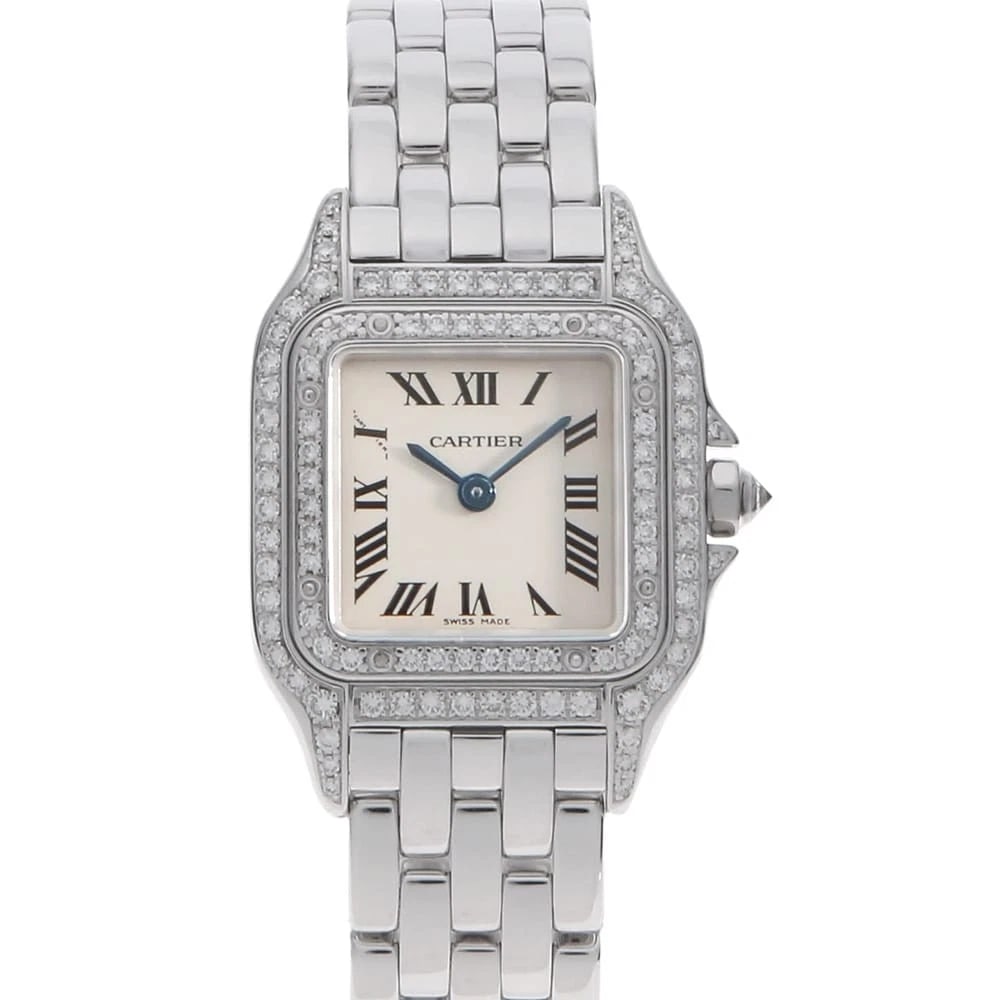 CARTIER PANTHERESM BEZEL DIAMOND WATCH: Cartier PANTHERESM Bezel Diamond Watch Brand: Cartier Type/Style: Wrist watch Material: Band Material White Gold, Case Material White Gold Color: Dial colour Silver Size: Case:W22mm Circumference of W