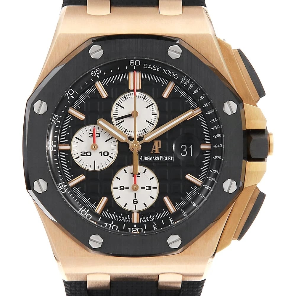 AUDEMARS PIGUET ROYAL OAK OFFSHORE CHRONOGRAPH WATCH: AUDEMARS PIGUET Royal Oak Offshore Chronograph Watch Brand: AUDEMARS PIGUET Type/Style: Wrist watch Material: Band Material rubber, Case Material Pink gold/ceramic Color: Dial colour Black Size: Case: