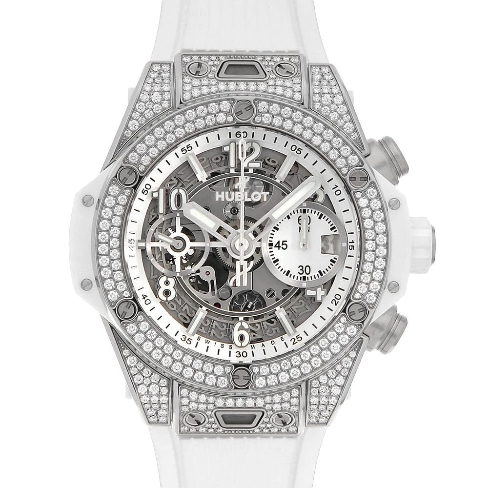 HUBLOT BIG BANG UNICO TITANIUM WHITE WATCH: HUBLOT Big Bang Unico Titanium White Watch Brand: HUBLOT Type/Style: Wrist watch Material: Band Material rubber, Case Material Titanium Color: Dial colour Skeleton Size: Case:W42mm Accessories: No