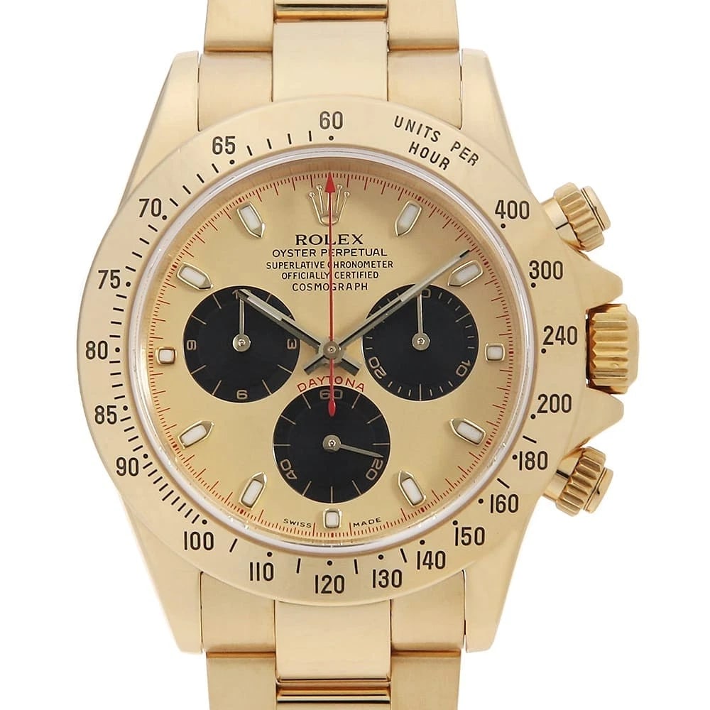 ROLEX COSMOGRAPH DAYTONA CHAMPAGNE X BLACK WATCH: ROLEX Cosmograph Daytona Champagne x black Watch Brand: ROLEX Type/Style: Wrist watch Material: Band Material Yellow Gold, Case Material Yellow Gold Color: Dial colour Champagne and Black Size: Case:W