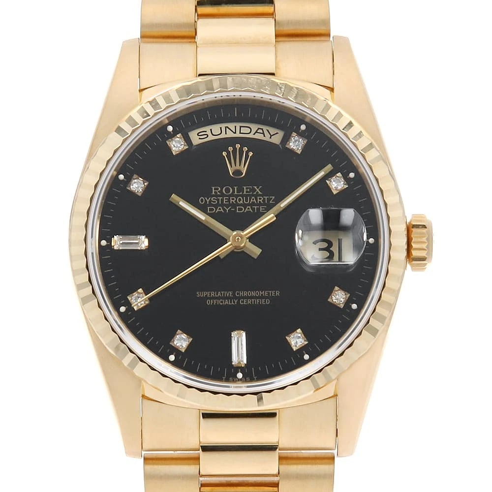 ROLEX DATE DIAMOND BAGUETTE BLACK WATCH: ROLEX Date Diamond Baguette black Watch Brand: ROLEX Type/Style: Wrist watch Material: Band Material Yellow Gold, Case Material Yellow Gold Color: Dial colour Black Size: Case:W36mm Circumference of W