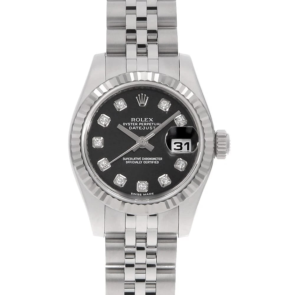 ROLEX DATEJUST DIAMOND BLACK WATCH: ROLEX Datejust Diamond black Watch Brand: ROLEX Type/Style: Wrist watch Material: Band Material Stainless Steel, Case Material Stainless Steel/White gold Color: Dial colour Black Size: Case:W26mm Circ