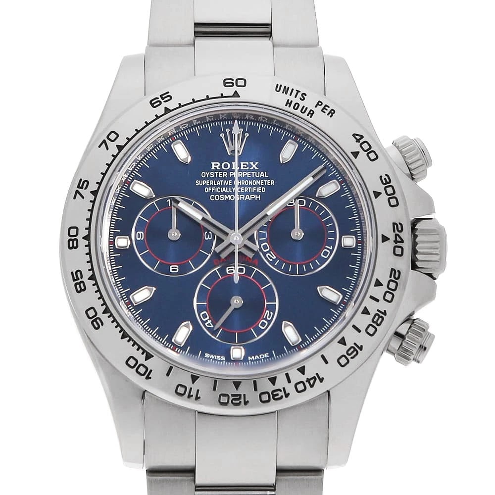 ROLEX COSMOGRAPH DAYTONA BLUE WATCH: ROLEX Cosmograph Daytona blue Watch Brand: ROLEX Type/Style: Wrist watch Material: Band Material White Gold, Case Material White Gold Color: Dial colour Blue Size: Case:W40mm Circumference of Wrist:19