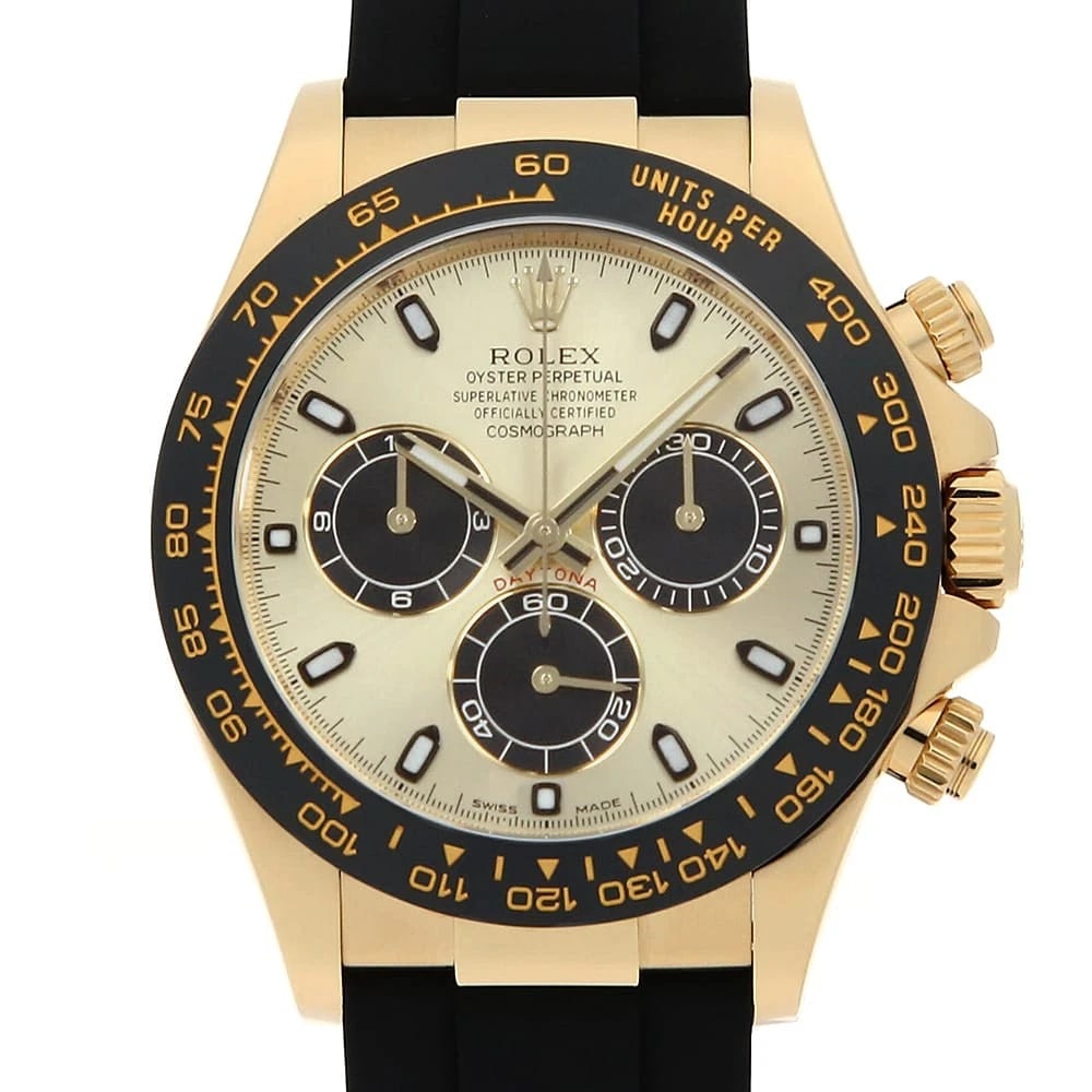 ROLEX COSMOGRAPH DAYTONA CHAMPAGNE X BLACK WATCH: ROLEX Cosmograph Daytona Champagne x black Watch Brand: ROLEX Type/Style: Wrist watch Material: Band Material rubber, Case Material Yellow Gold Color: Dial colour Champagne and Black Size: Case:W40mm