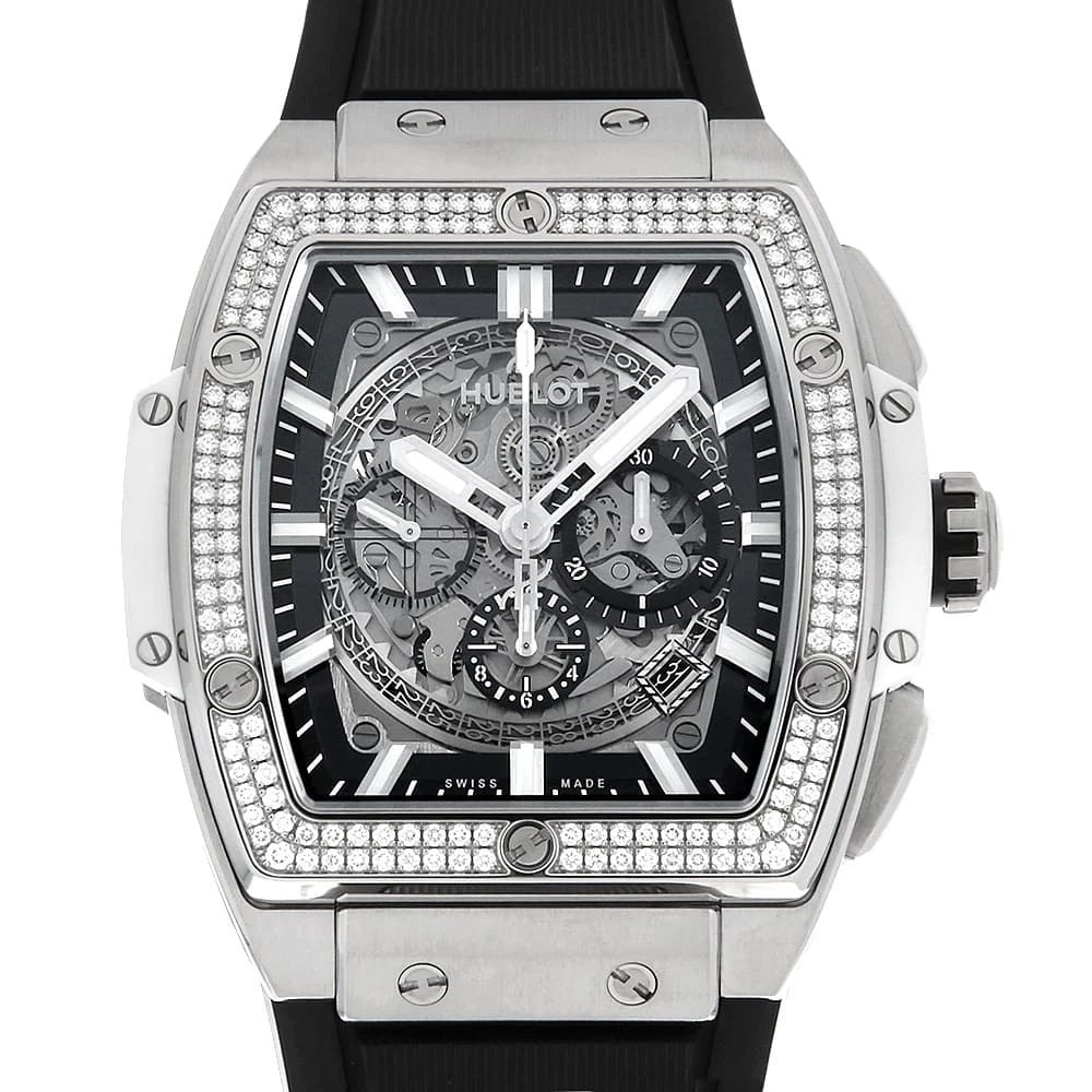 HUBLOT SPIRIT OF BIG BANG TITANIUM WHITE DIAMOND WATCH: HUBLOT Spirit of Big Bang Titanium White Diamond Watch Brand: HUBLOT Type/Style: Wrist watch Material: Band Material rubber, Case Material titanium/ceramic Color: Dial colour Skeleton Size: Case:W45mm