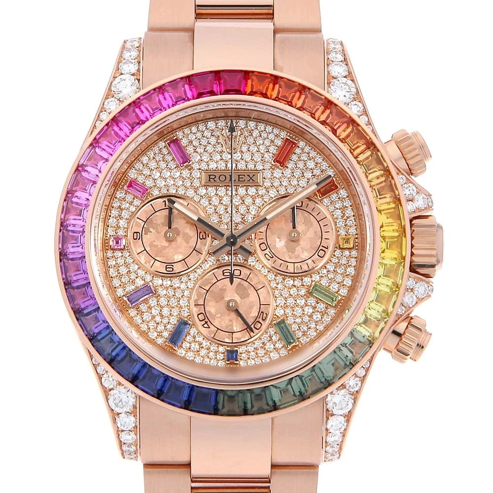 ROLEX COSMOGRAPH DAYTONA DIAMONDS WATCH: ROLEX Cosmograph Daytona Diamonds Watch Brand: ROLEX Type/Style: Wrist watch Material: Band Material Everose Gold, Case Material Everose Gold Color: Dial colour Diamonds Size: Case:W40mm Circumference