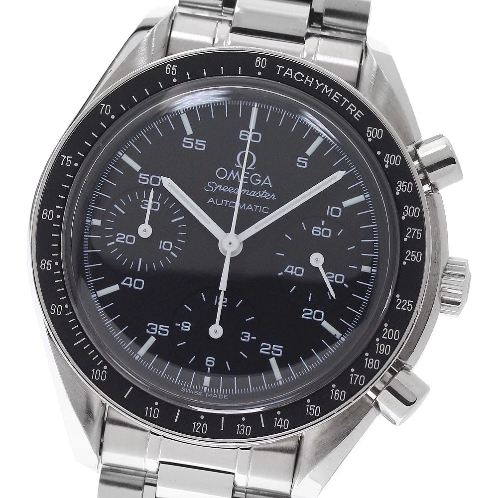 OMEGA SPEEDMASTER REDUCED CHRONOGRAPH AUTOMATIC WATCH: OMEGA Speedmaster reduced Chronograph Automatic Watch Brand: OMEGA Type/Style: Wristwatch Material: Band Material Stainless Steel, Case Material Stainless Steel Color: Band Color Silver, Case Color