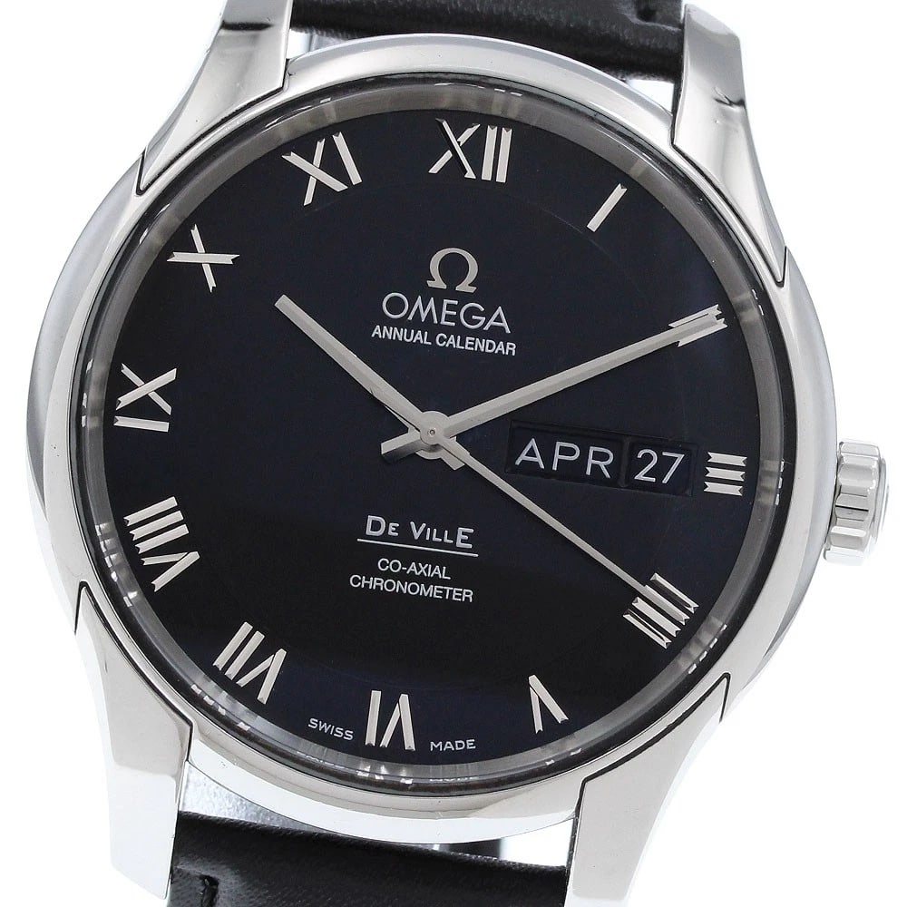 OMEGA DE VILLE ANNUAL CALENDAR AUTOMATIC WATCH: OMEGA De Ville Annual calendar Automatic Watch Brand: OMEGA Type/Style: Wristwatch Material: Band Material leather, Case Material Stainless Steel Color: Band Color black, Case Color Silver, Dial Color