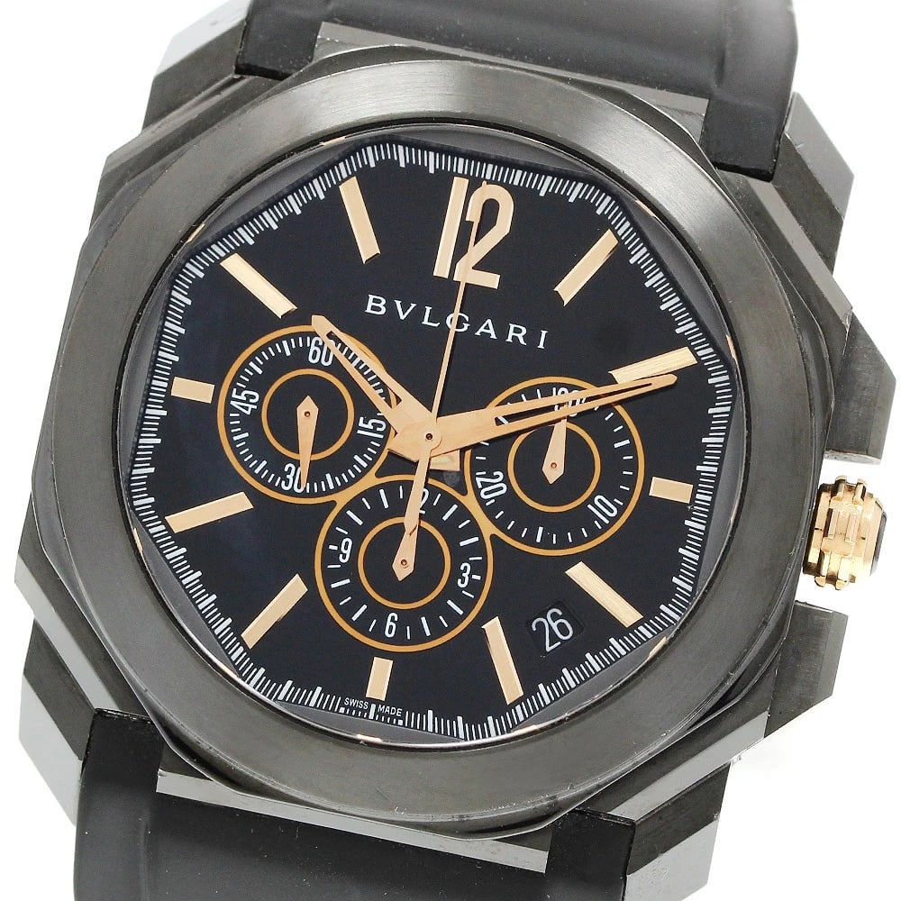 BVLGARI OKTO ULTRA NERO CHRONOGRAPH AUTOMATIC WATCH: BVLGARI Okto Ultra Nero Chronograph Automatic Watch Brand: BVLGARI Type/Style: Wristwatch Material: Band Material rubber, Case Material Stainless Steel Color: Band Color black, Case Color black, Dial 