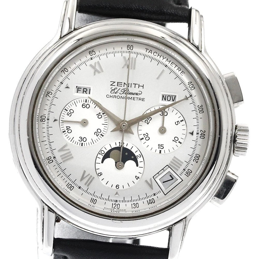 ZENITH CHRONOMASTER MOON PHASE AUTOMATIC WATCH: ZENITH Chronomaster Moon phase Automatic Watch Brand: ZENITH Type/Style: Wristwatch Material: Band Material leather, Case Material Stainless Steel Color: Band Color black, Case Color Silver, Dial Colo