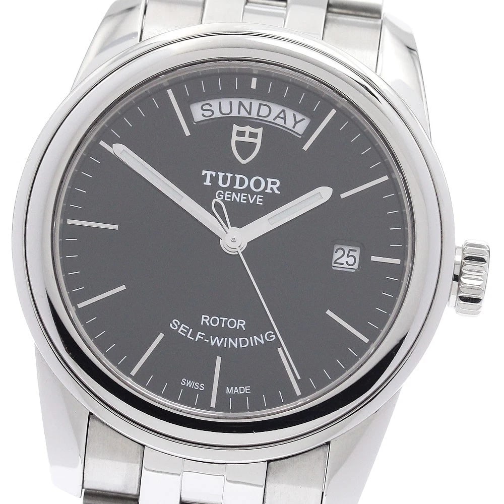 TUDOR GLAMOR DATE DAY BLACK DIAL AUTOMATIC WATCH: TUDOR Glamor Date Day black Dial Automatic Watch Brand: TUDOR Type/Style: Wristwatch Material: Band Material Stainless Steel, Case Material Stainless Steel Color: Band Color Silver, Case Color Silver,