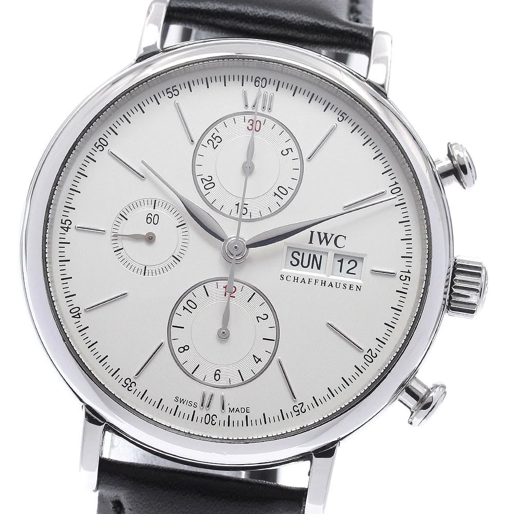 IWC SCHAFFHAUSEN PORTOFINO CHRONOGRAPH AUTOMATIC WATCH: IWC SCHAFFHAUSEN Portofino Chronograph Automatic Watch Brand: IWC SCHAFFHAUSEN Type/Style: Wristwatch Material: Band Material leather, Case Material Stainless Steel Color: Band Color black, Case
