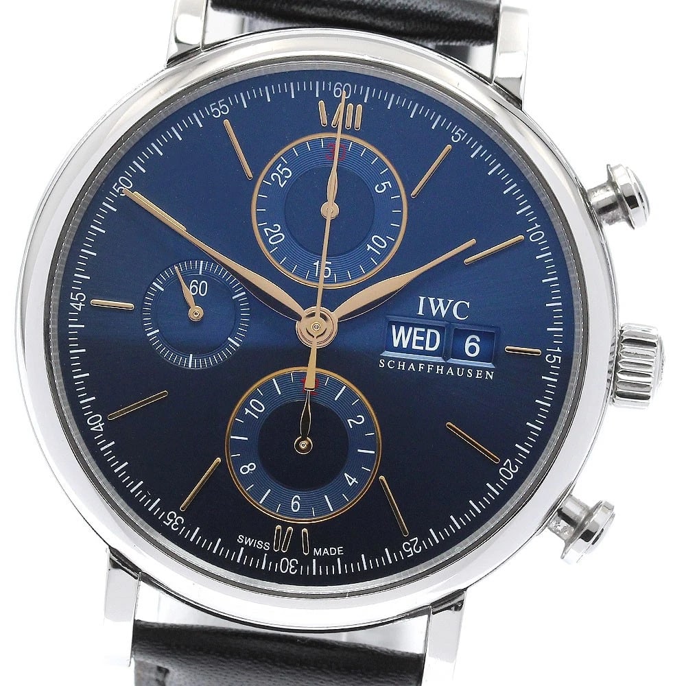 IWC SCHAFFHAUSEN PORTOFINO CHRONOGRAPH AUTOMATIC WATCH: IWC SCHAFFHAUSEN Portofino Chronograph Automatic Watch Brand: IWC SCHAFFHAUSEN Type/Style: Wristwatch Material: Band Material leather, Case Material Stainless Steel Color: Band Color black, Case