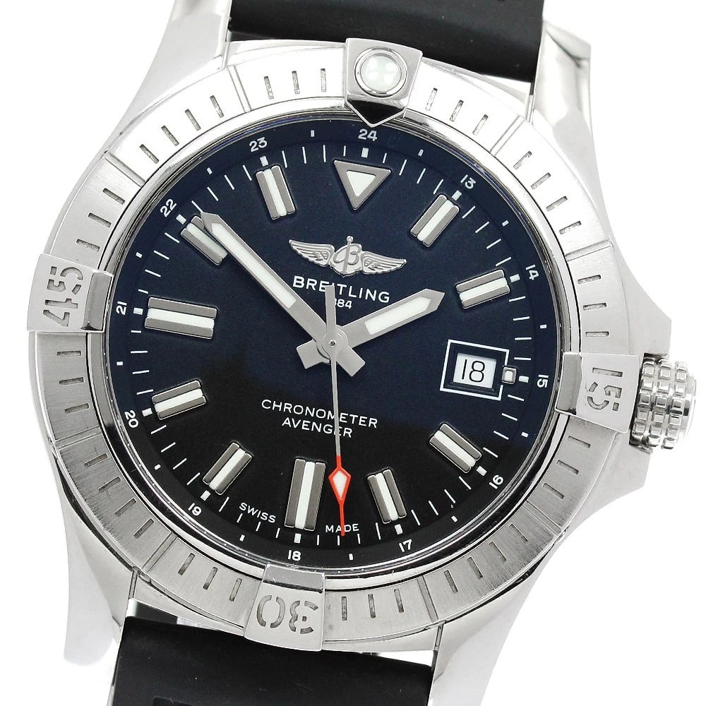 BREITLING AVENGER AUTOMATIC 43 DATE AUTOMATIC WATCH: BREITLING Avenger Automatic 43 Date Automatic Watch Brand: BREITLING Type/Style: Wristwatch Material: Band Material rubber, Case Material Stainless Steel Color: Band Color black, Case Color Silver,