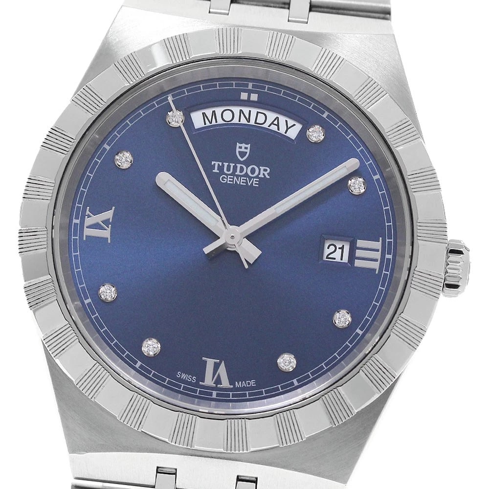 TUDOR ROYAL DAY-DATE DIAMOND BLUE DIAL AUTOMATIC WATCH: TUDOR Royal Day-Date Diamond Blue Dial Automatic Watch Brand: TUDOR Type/Style: Wristwatch Material: Band Material Stainless Steel, Case Material Stainless Steel Color: Band Color Silver, Case Color S