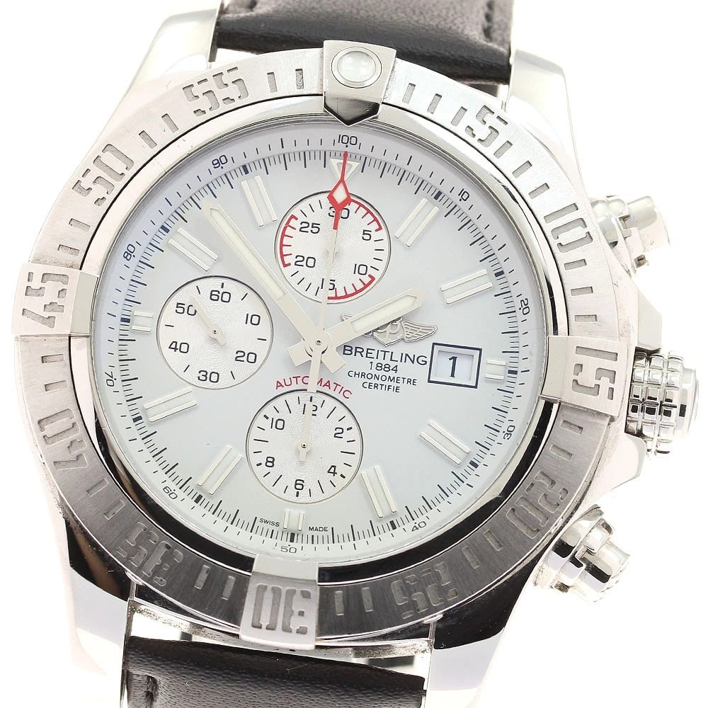 BREITLING SUPER AVENGER DATE CHRONOGRAPH AUTOMATIC WATCH: BREITLING Super Avenger Date Chronograph Automatic Watch Brand: BREITLING Type/Style: Wristwatch Material: Band Material leather, Case Material Stainless Steel Color: Band Color black, Case Color