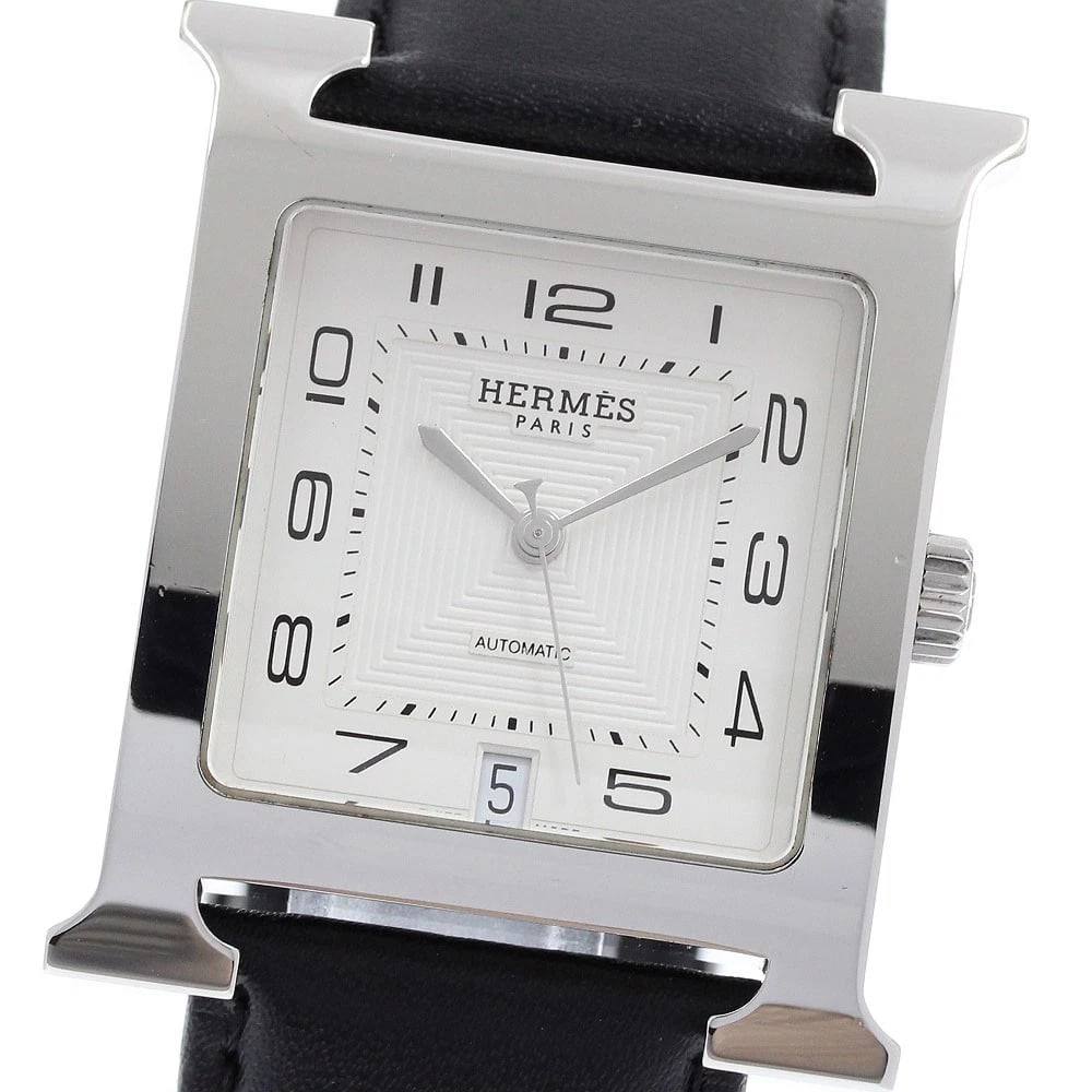 HERMES H WATCH DATE SILVER DIAL AUTOMATIC WATCH: HERMES H watch Date Silver Dial Automatic Watch Brand: HERMES Type/Style: Wristwatch Material: Band Material leather, Case Material Stainless Steel Color: Band Color black, Case Color Silver, Dial Col